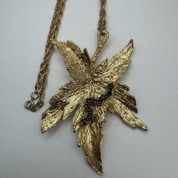 SASCHA BRASTOFF Brutalist Statement Necklace Pendant Leaf Gold Tone Vintage - Picture 7 of 10